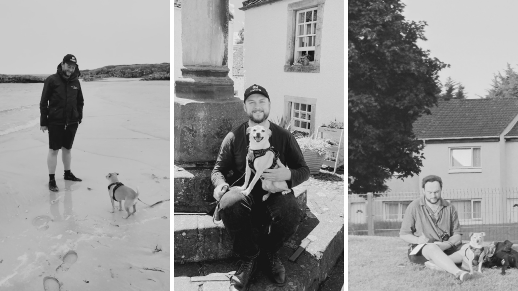 Three black and white photos of a man with a small dog: walking on a beach, sitting on stone steps holding the dog, and sitting on grass beside it